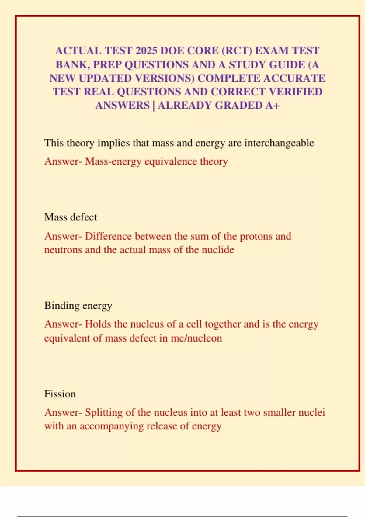Doe Rct ACTUAL TEST 2025 DOE CORE (RCT) EXAM TEST BANK, PREP QUESTIONS AND A ...