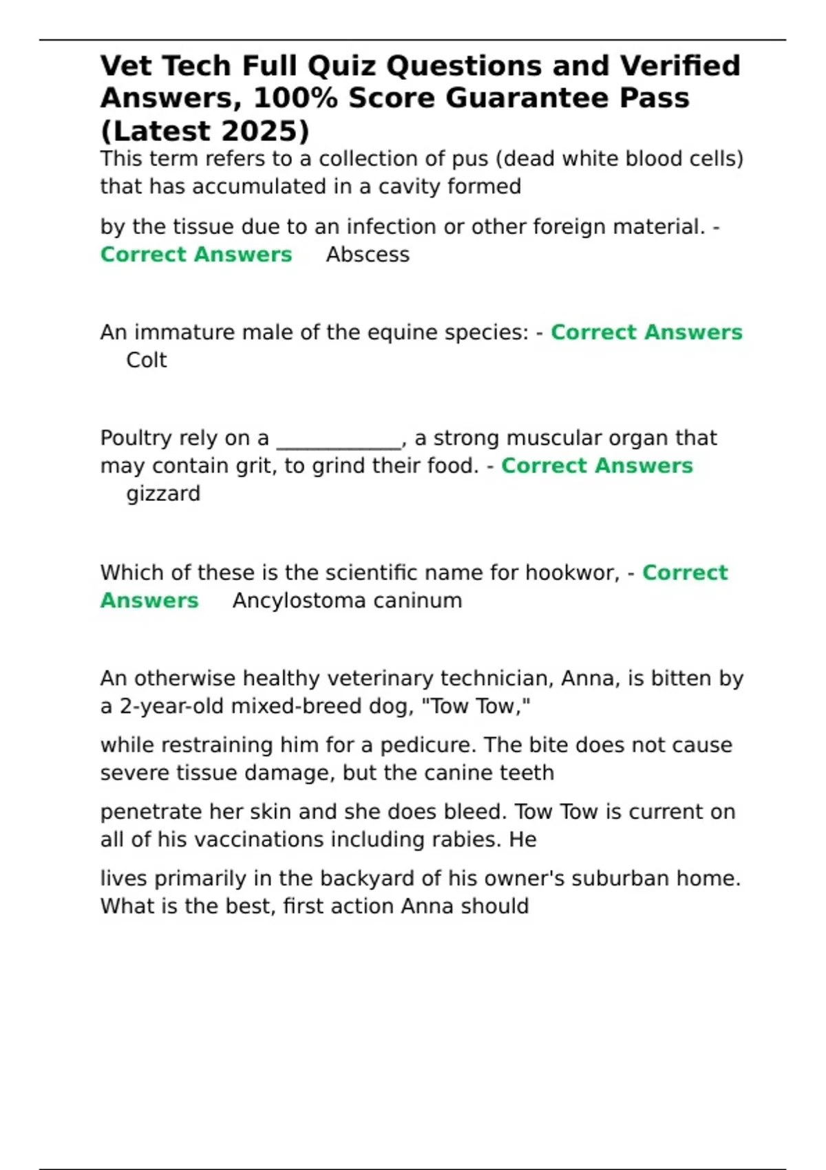 Vet Tech Full Quiz Questions and Verified Answers, 100- Score Guarantee ...