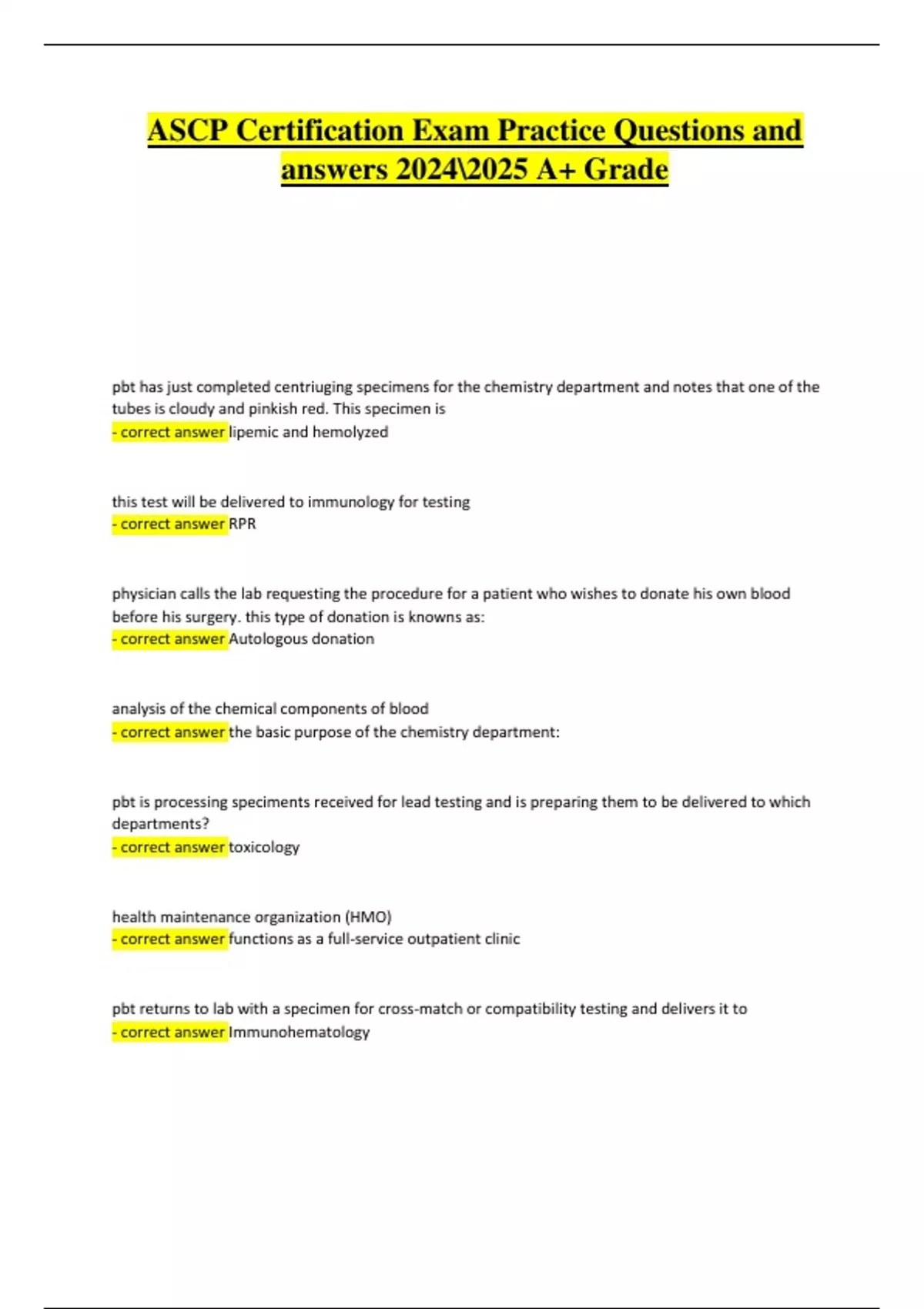ASCP Certification Exam Practice Questions – 2024/2025 Exam with ...
