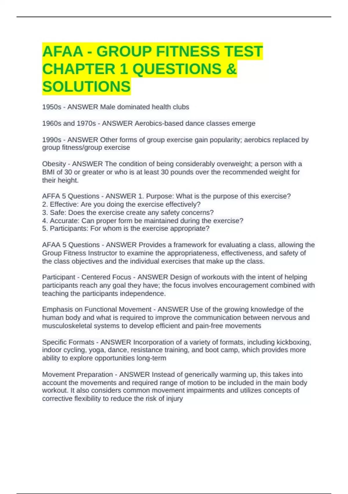 AFAA - GROUP FITNESS TEST CHAPTER 1 QUESTIONS & SOLUTIONS - AFAA GROUP ...