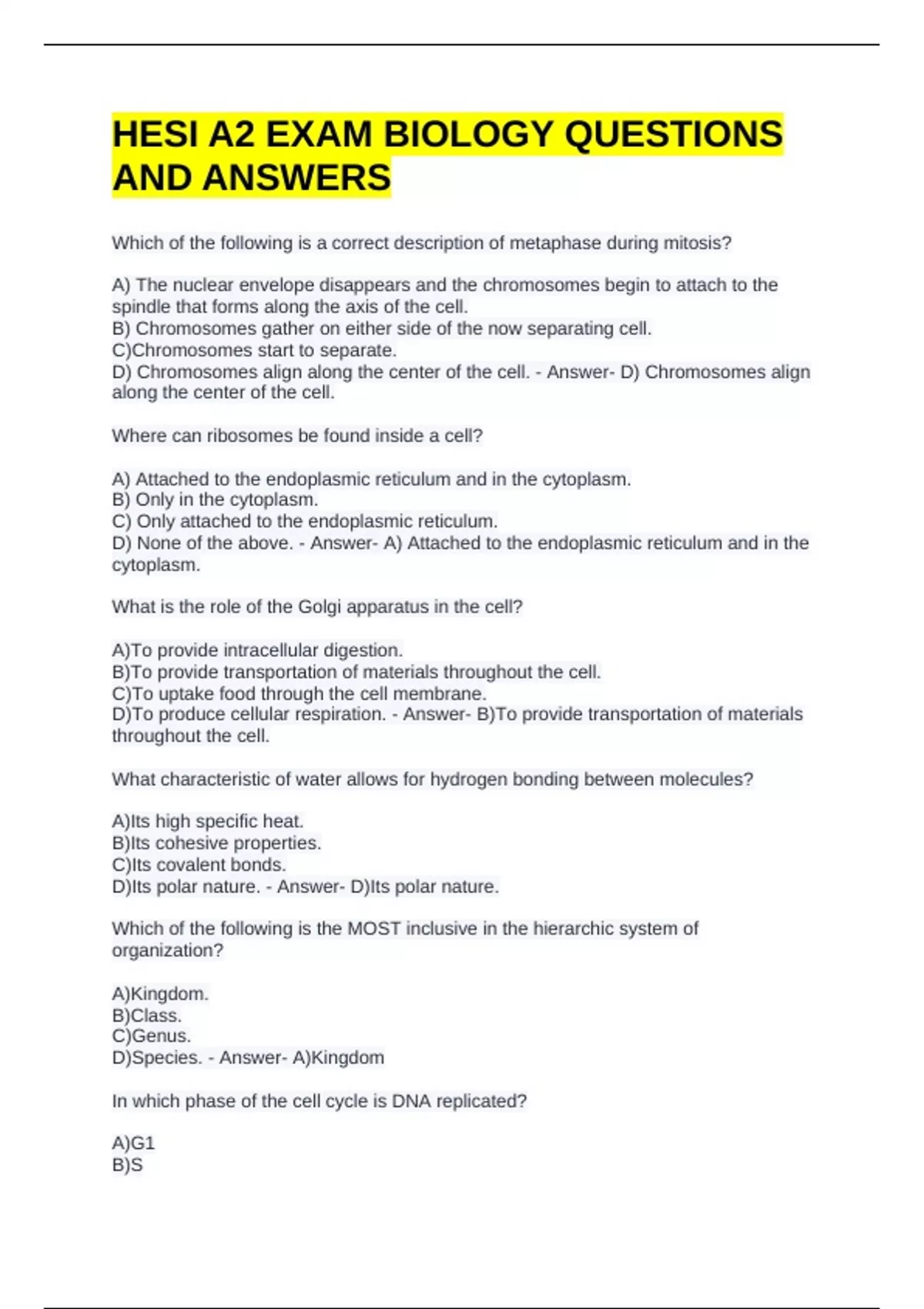 HESI A2 EXAM BIOLOGY QUESTIONS AND ANSWERS - Hesi A2 V2 - Stuvia US