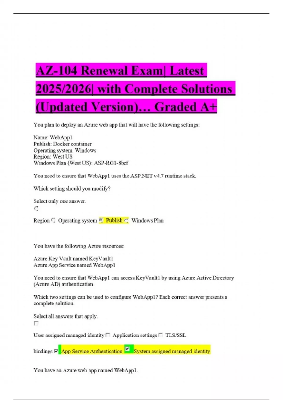 AZ-104 Renewal Exam| Latest 2025/2026| with Complete Solutions (Updated ...