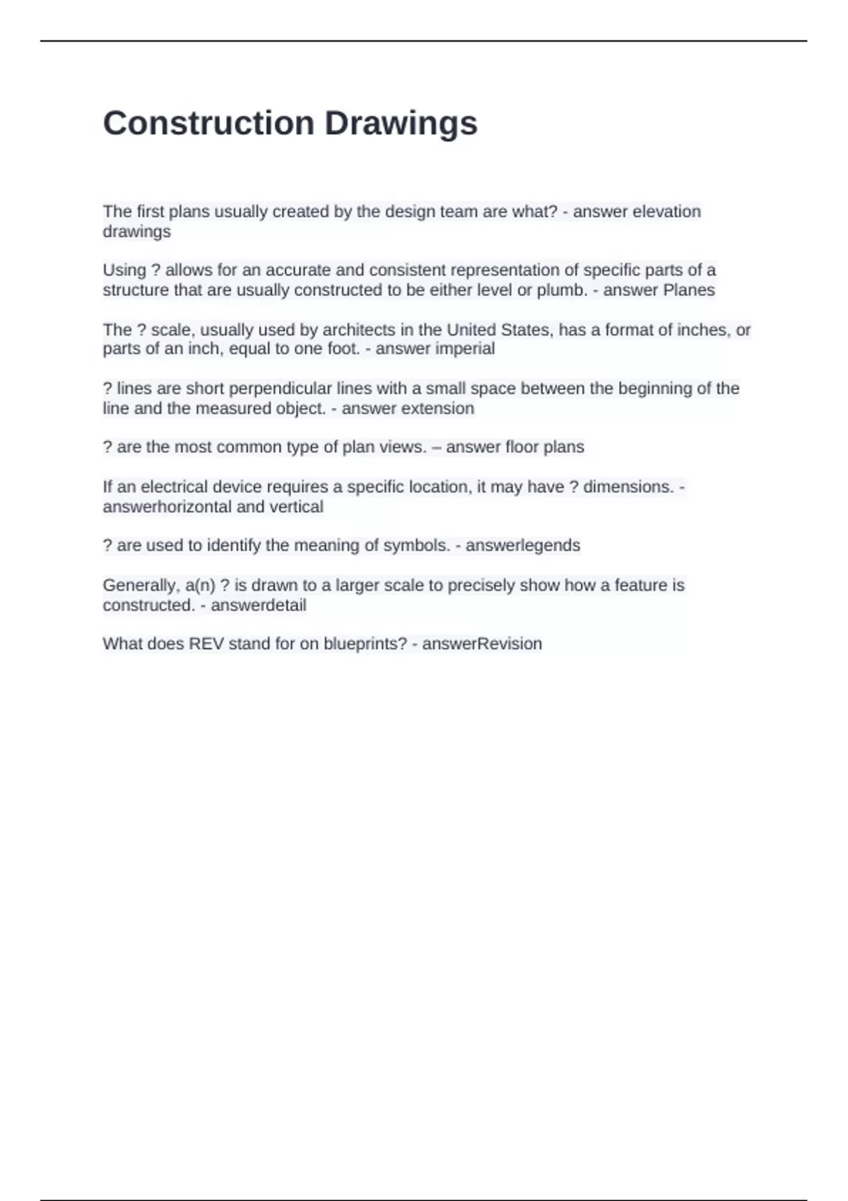 Questions Design Construction Construction Drawings Questions and Answers 100% Correct - MCPPO ...