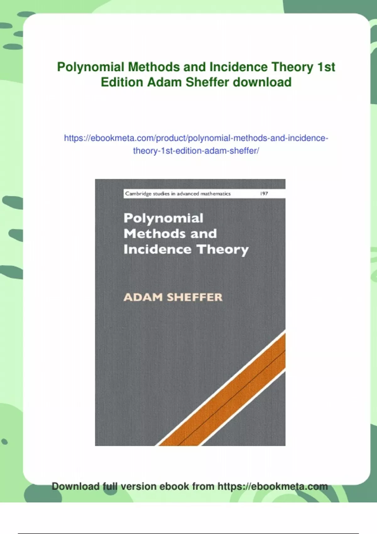 Adam Sheffer Math Summary Polynomial Methods and Incidence Theory 1st Edition Adam ...