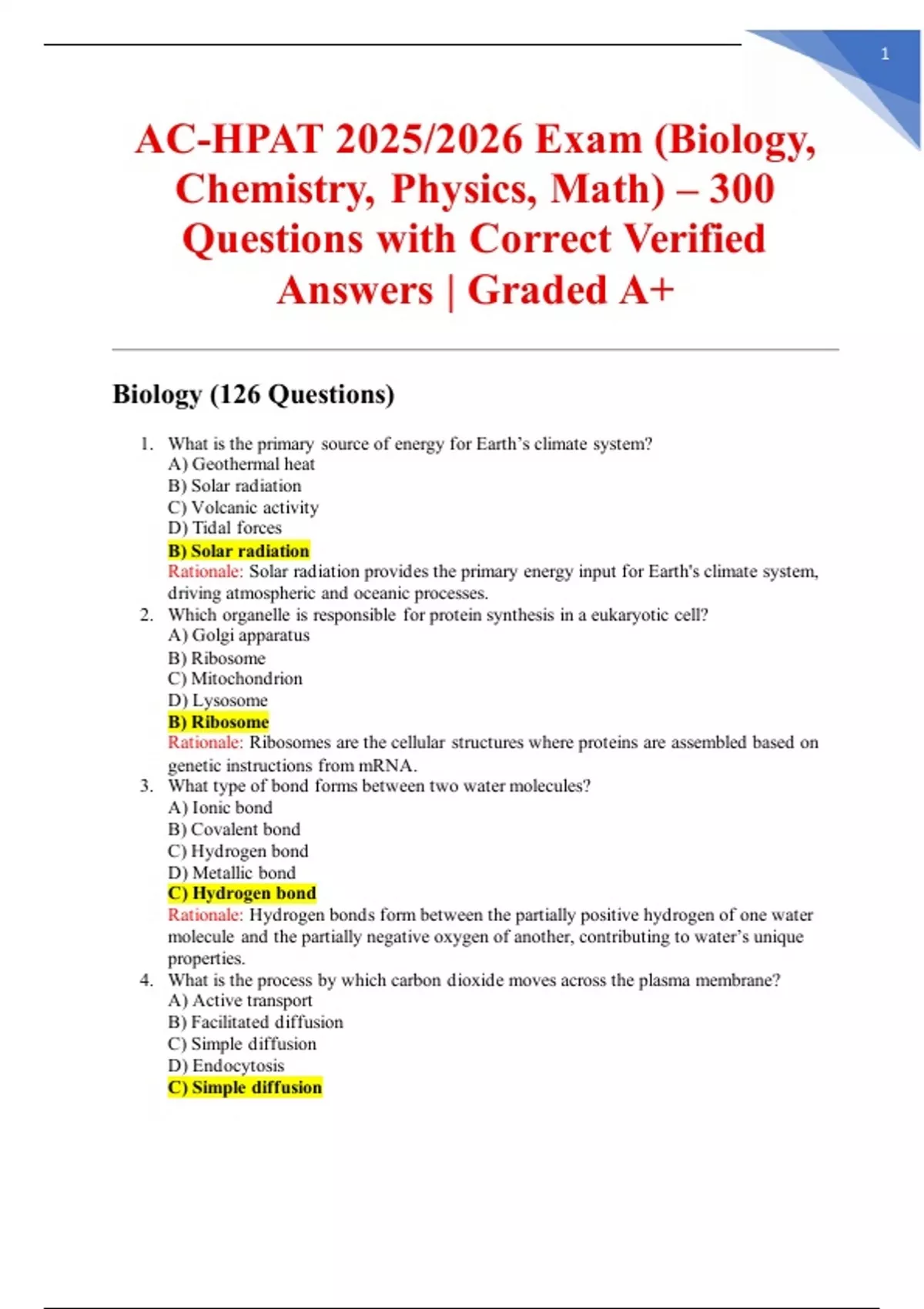 AC-HPAT 2025/2026 Exam (Biology, Chemistry, Physics, Math) – 300 ...