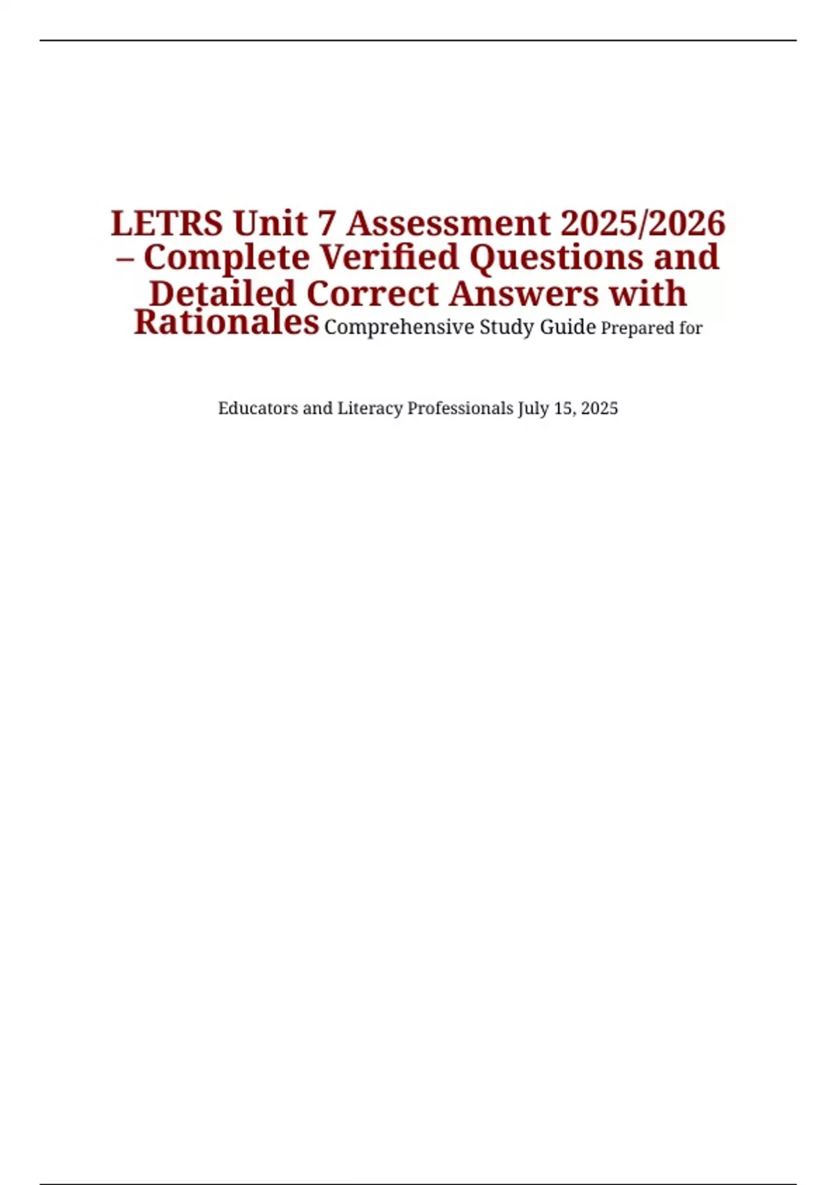 LETRS Unit 7 Assessment 2025/2026 - Complete Verified Questions and ...