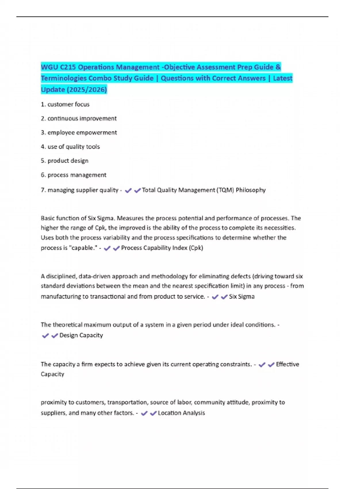 WGU C215 Operations Management -Objective Assessment Prep Guide ...