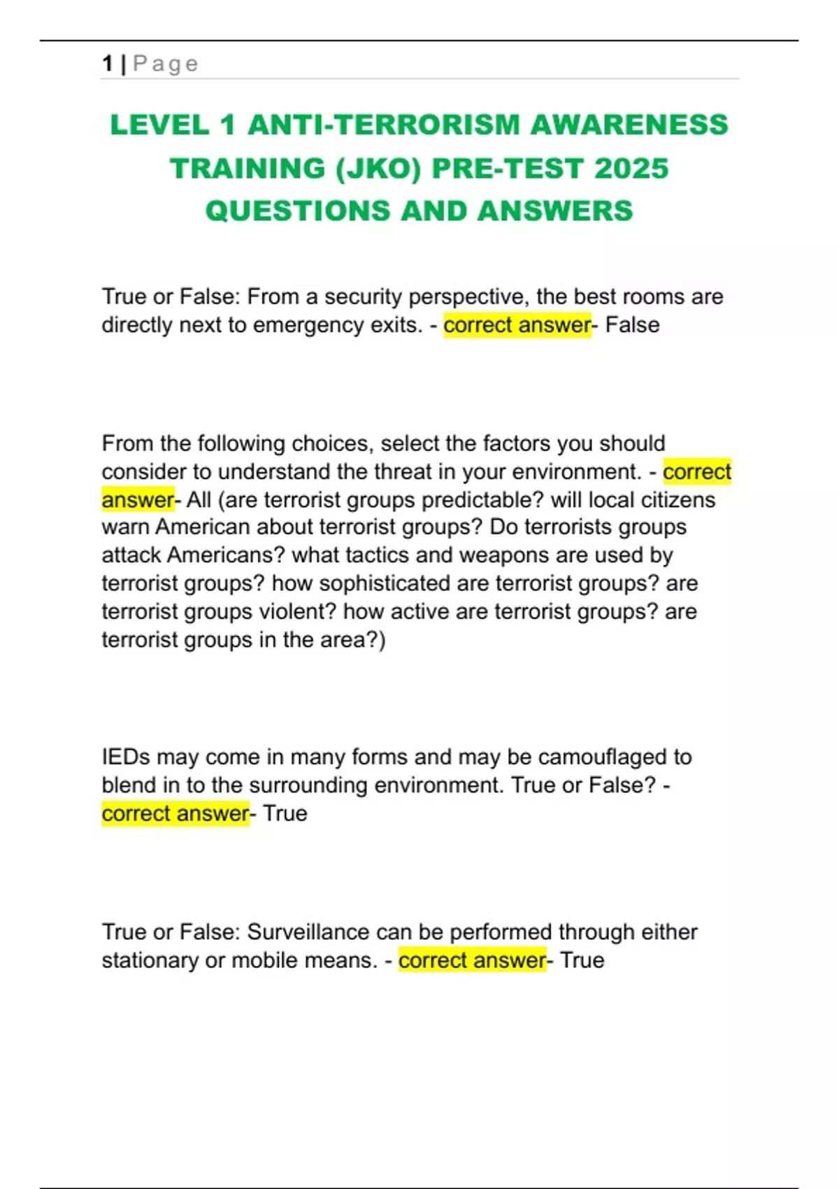 LEVEL 1 ANTI-TERRORISM AWARENESS TRAINING (JKO) PRE-TEST 2025 QUESTIONS ...