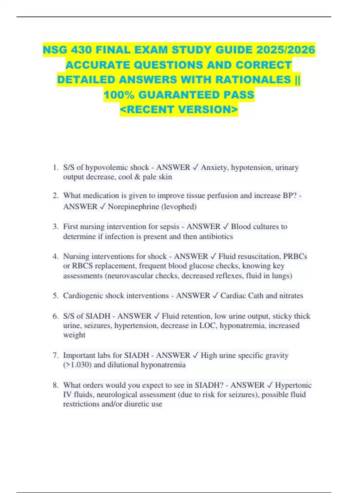 NSG 430 FINAL EXAM STUDY GUIDE 2025/2026 ACCURATE QUESTIONS AND CORRECT ...