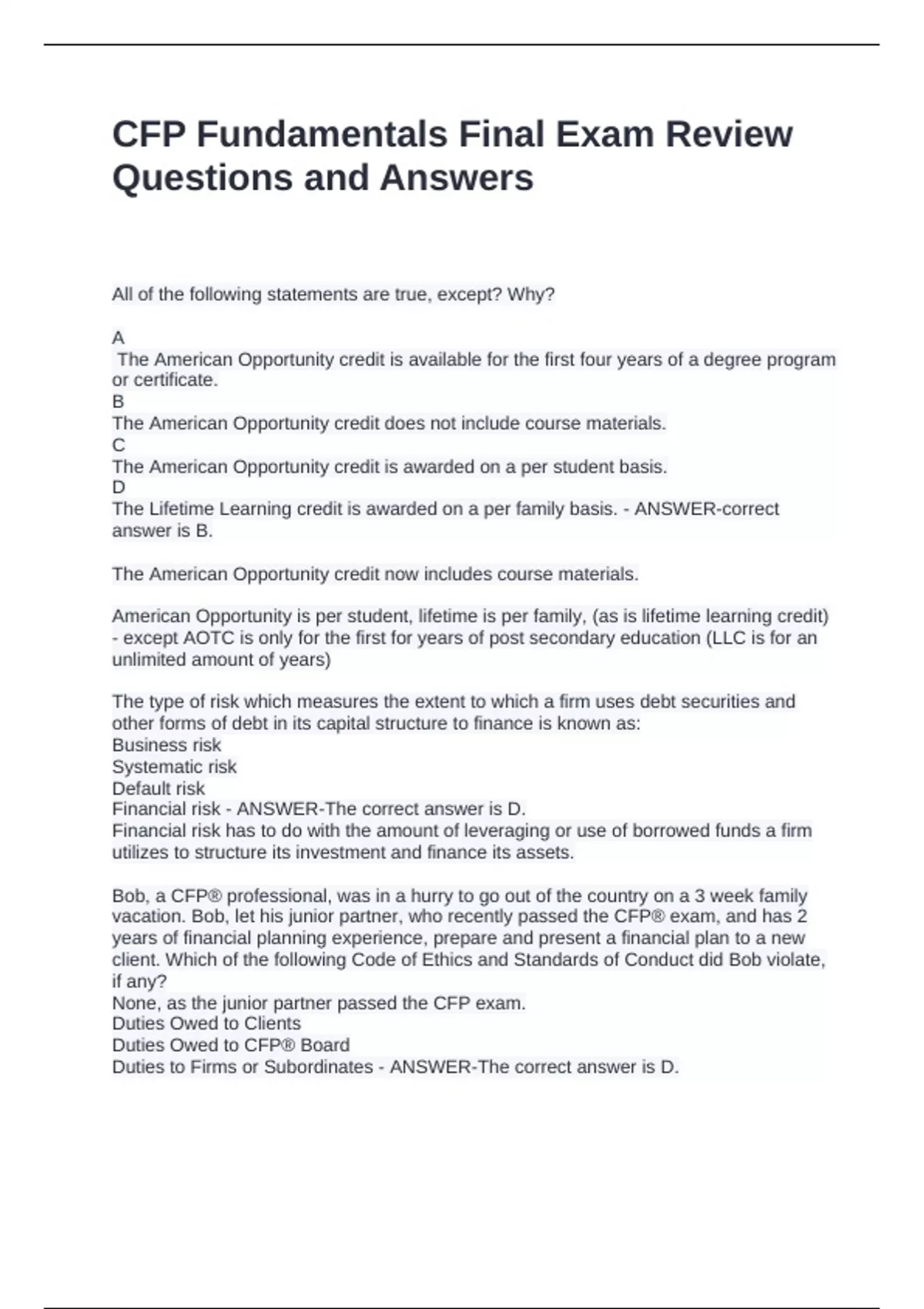 CFP Fundamentals Final Exam Review Questions and Answers - CFP ...
