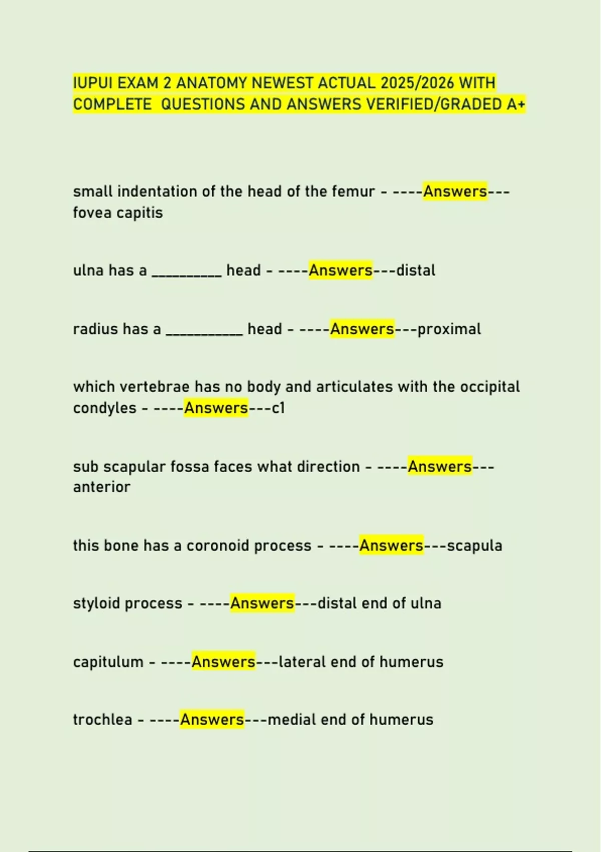 IUPUI EXAM 2 ANATOMY NEWEST ACTUAL 2025/2026 WITH COMPLETE QUESTIONS ...