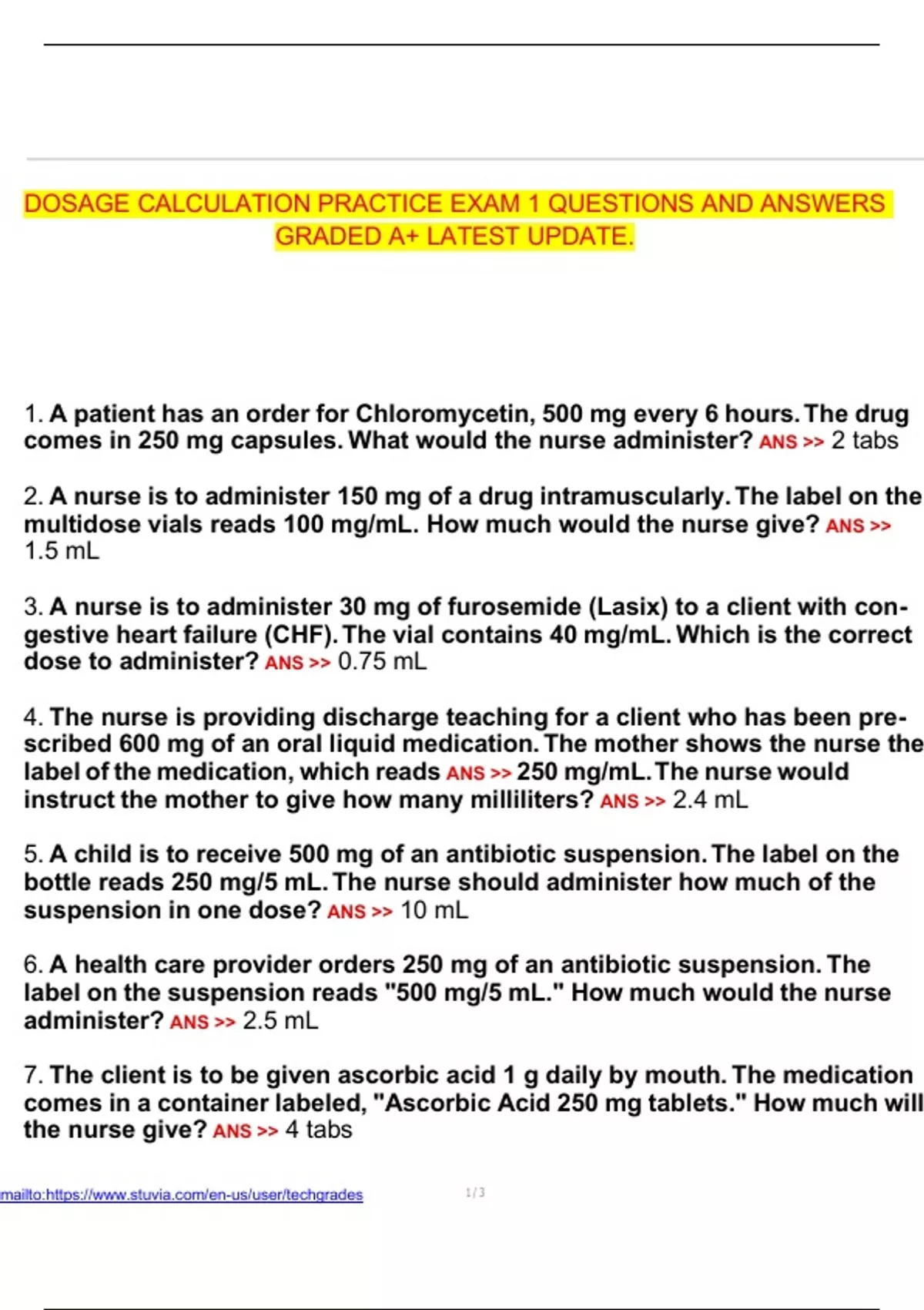 Dosage Calculation Practice Exam 1 Questions And Answers Graded A