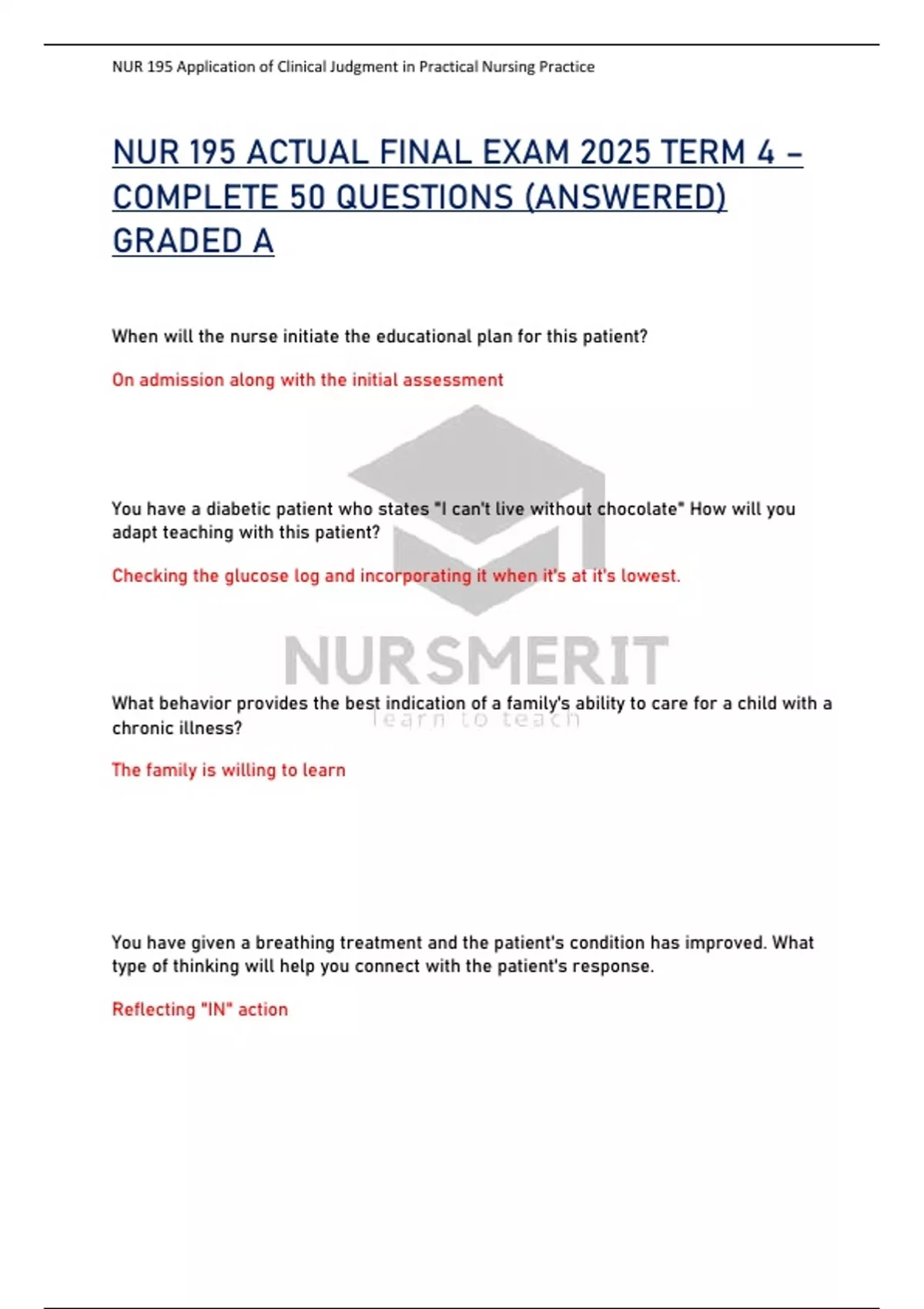NUR 195 ACTUAL FINAL EXAM 2025 TERM 4 – COMPLETE 50 QUESTIONS (ANSWERED ...