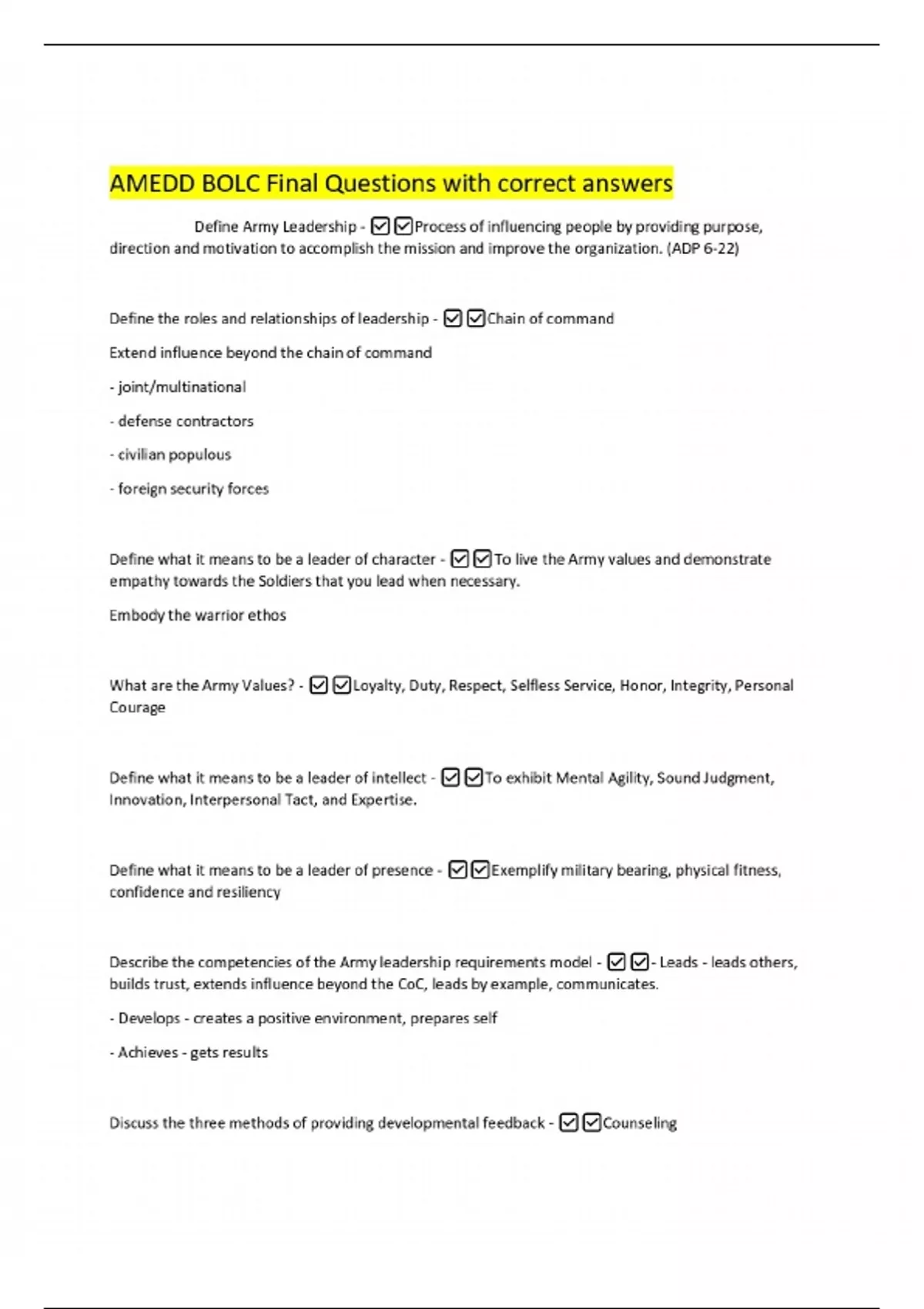 AMEDD BOLC Final Questions with correct answer - AMEDD Bloc - Stuvia US