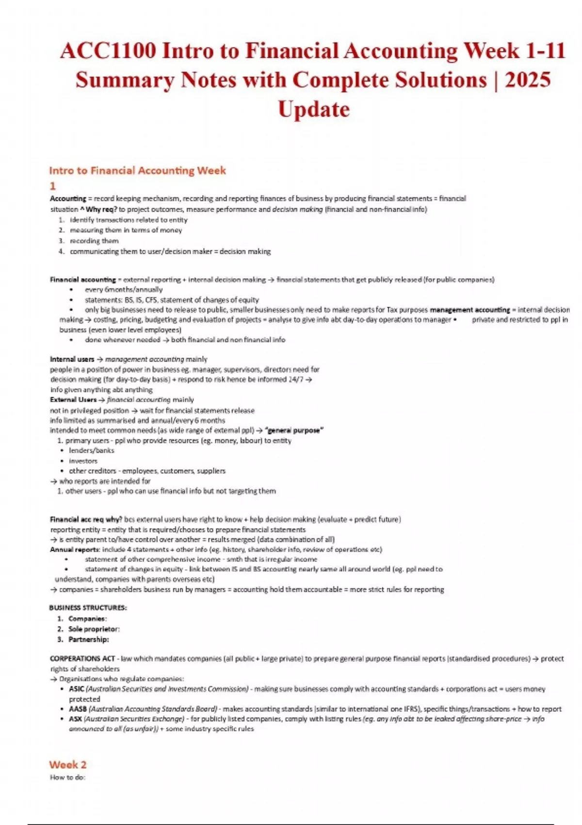 ACC 1100 Intro to Financial Accounting Week 1-11 Summary Notes with ...