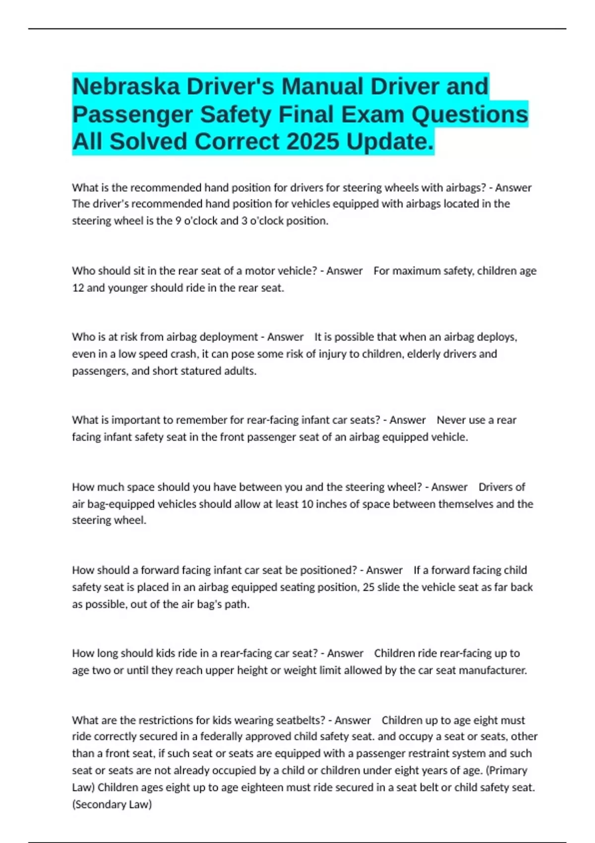 Nebraska Driver's Manual Driver and Passenger Safety Final Exam ...