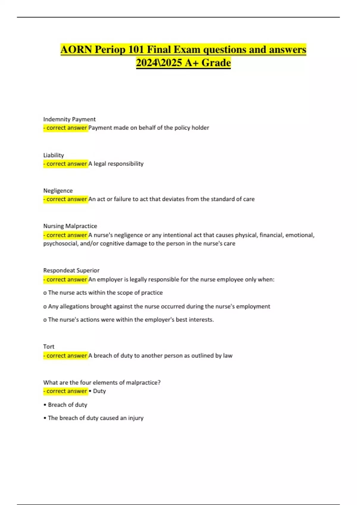 AORN Periop 101 Final Exam | Latest 2024 Questions and Answers Updated ...
