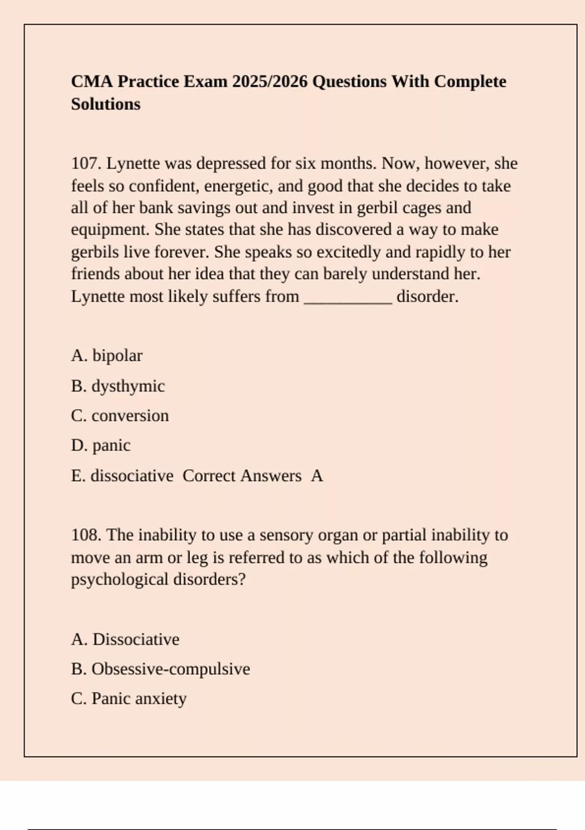 Cma Example Questions CMA Practice Exam 2025/2026 Questions With Complete Solutions - Cma ...