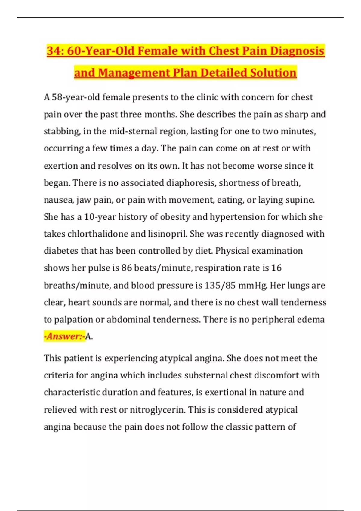 34: 60-Year-Old Female with Chest Pain Diagnosis and Management Plan ...