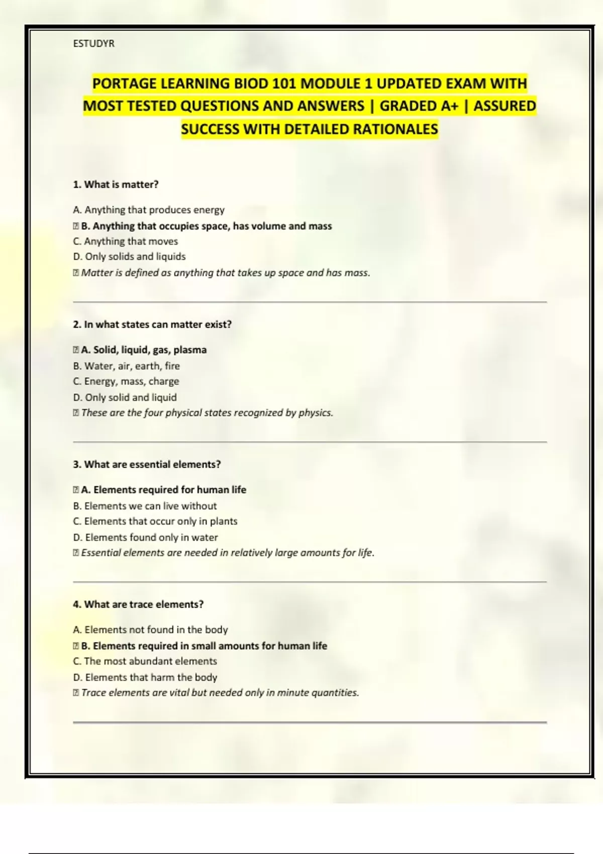 PORTAGE LEARNING BIOD 101 MODULE 1 UPDATED EXAM WITH MOST TESTED ...