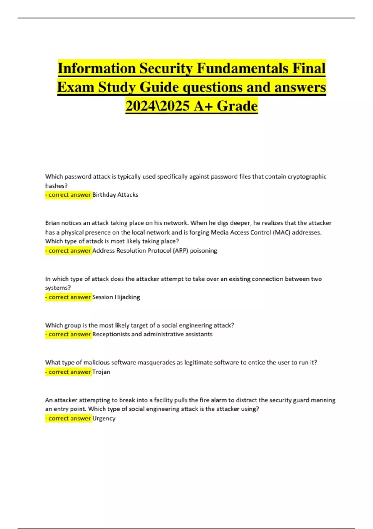 Information Security Fundamentals Final Exam Study Guide | Questions ...