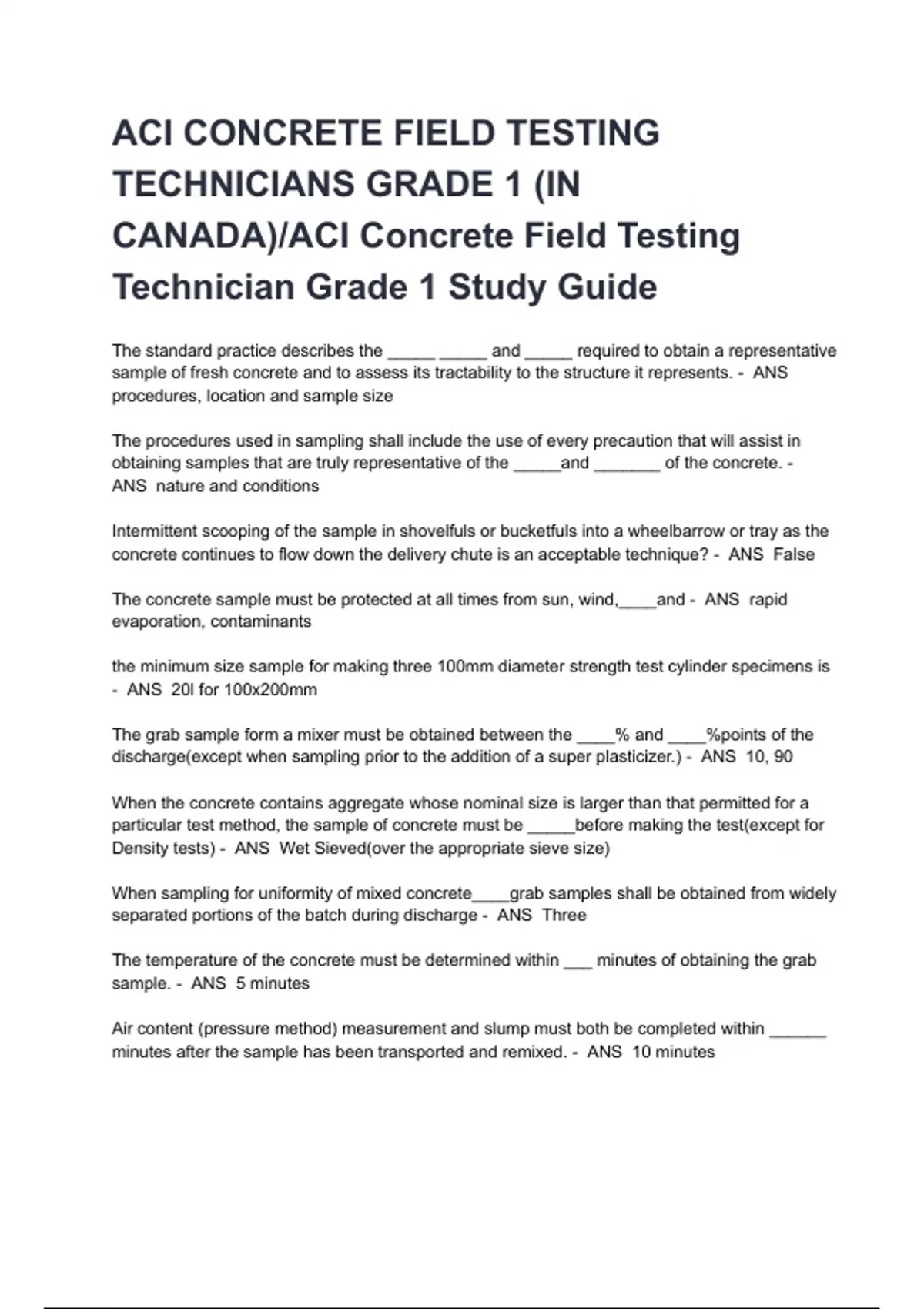 ACI CONCRETE FIELD TESTING TECHNICIANS GRADE 1 (IN CANADA)/ACI Concrete ...