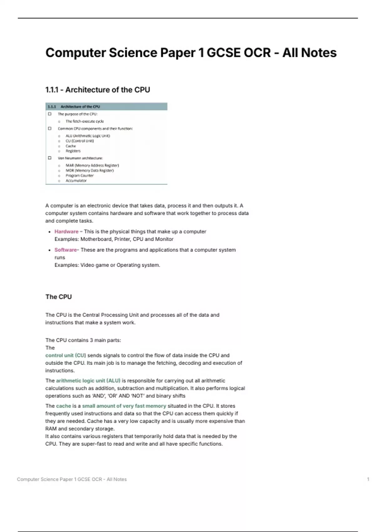 Computer Science OCR Paper 1 Detailed Revision Notes - Computer Science ...