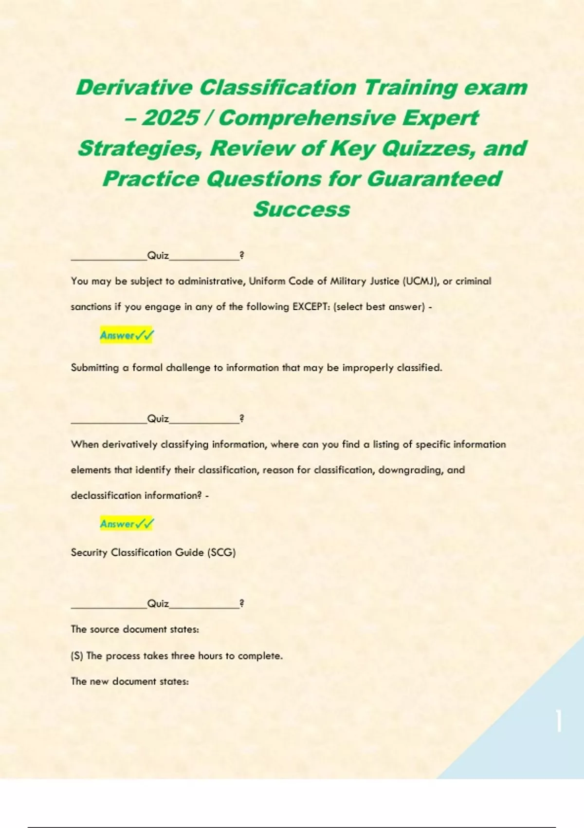 Derivative Classification Certificate.pdf Derivative Classification Training exam – 2025 / Comprehensive Expert ...