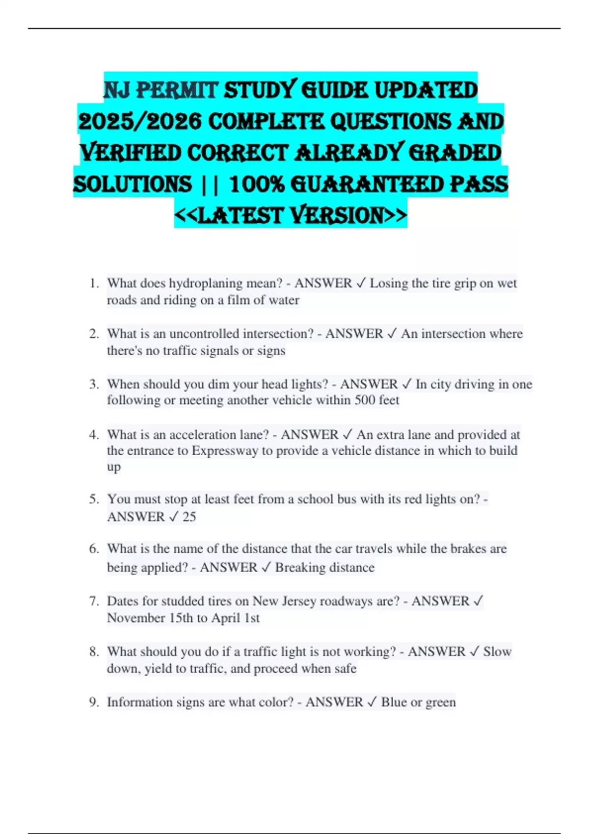NJ Permit STUDY GUIDE UPDATED 2025/2026 COMPLETE QUESTIONS AND VERIFIED ...