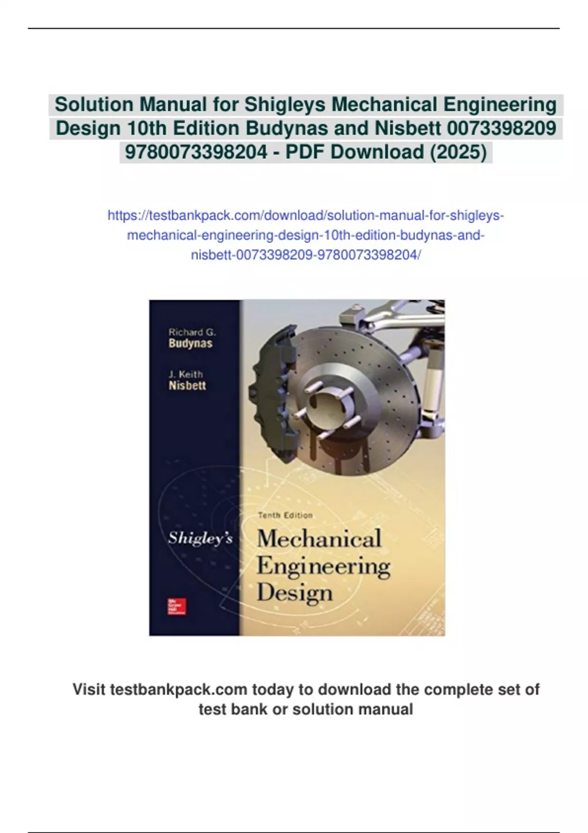 Summary Solution Manual for Shigleys Mechanical Engineering Design 10th ...