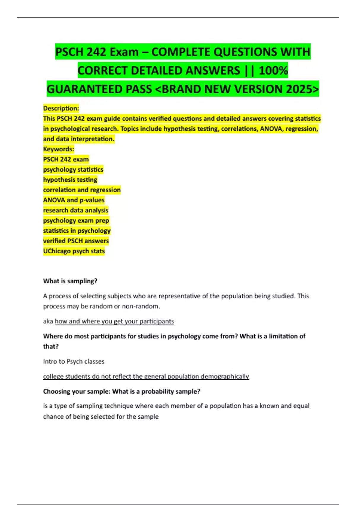 PSCH 242 Exam – COMPLETE QUESTIONS WITH CORRECT DETAILED ANSWERS || 100 ...