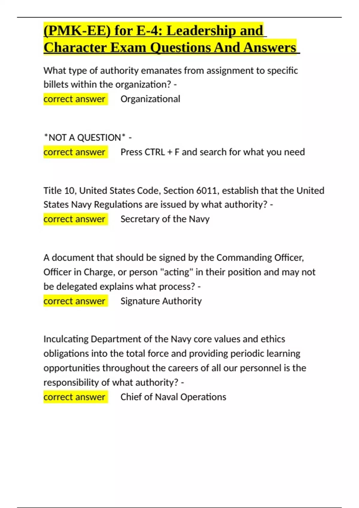 (PMK-EE) for E-4 Leadership and Character Exam Questions And Answers ...