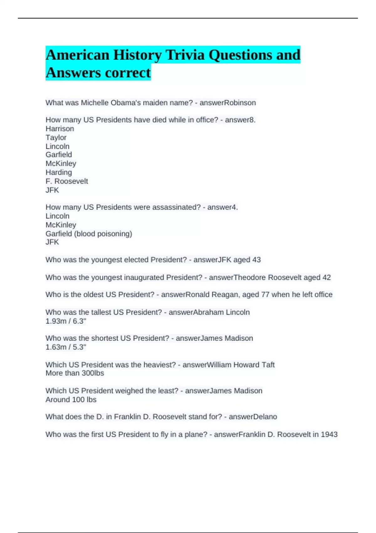 American History Trivia Questions and Answers correct - US HISTORY ...