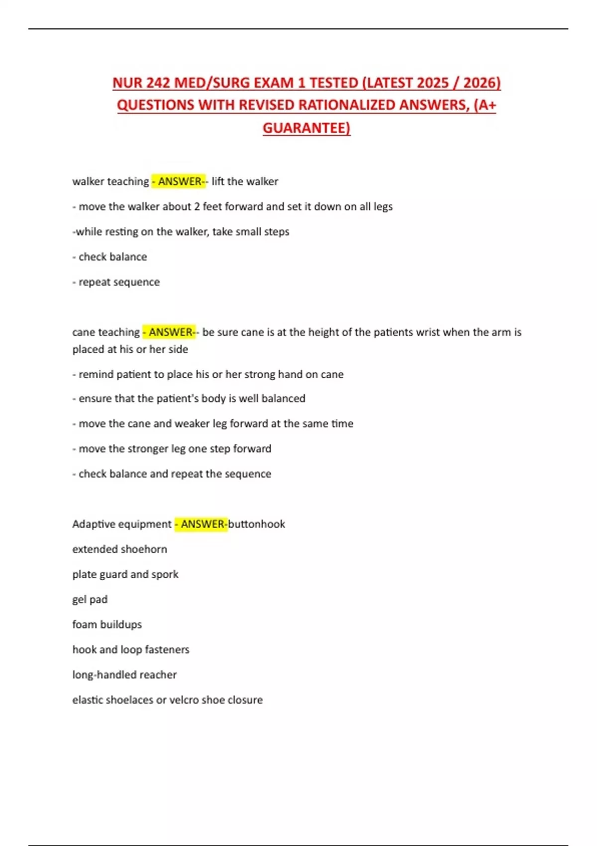 NUR 242 MED/SURG EXAM 1 TESTED (LATEST 2025 / 2026) QUESTIONS WITH ...