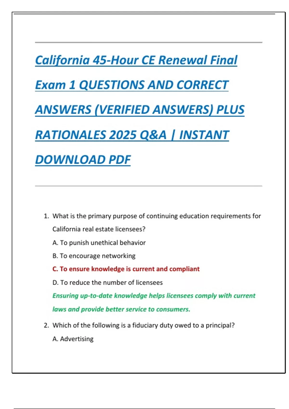 California 45-Hour CE Renewal Final Exam 1 QUESTIONS AND CORRECT ANSWERS (VERIFIED ANSWERS) PLUS ...