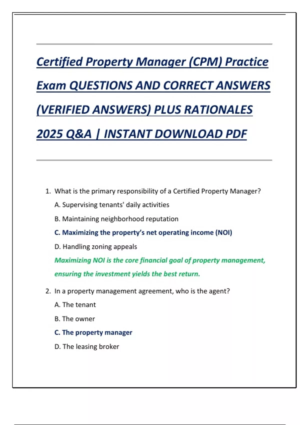 Certified Property Manager (CPM) Practice Exam QUESTIONS AND CORRECT ...