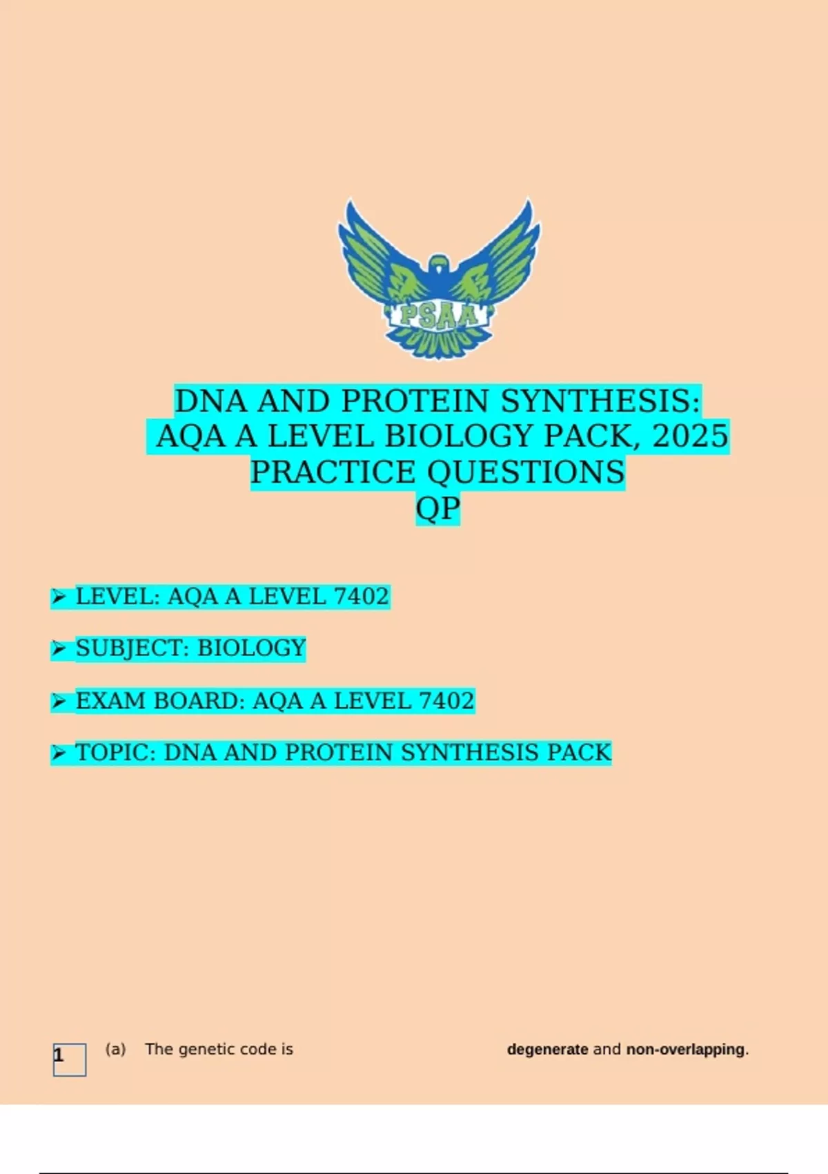 DNA AND PROTEIN SYNTHESIS: AQA A LEVEL 7402 BIOLOGY PACK, 2025 PRACTICE ...