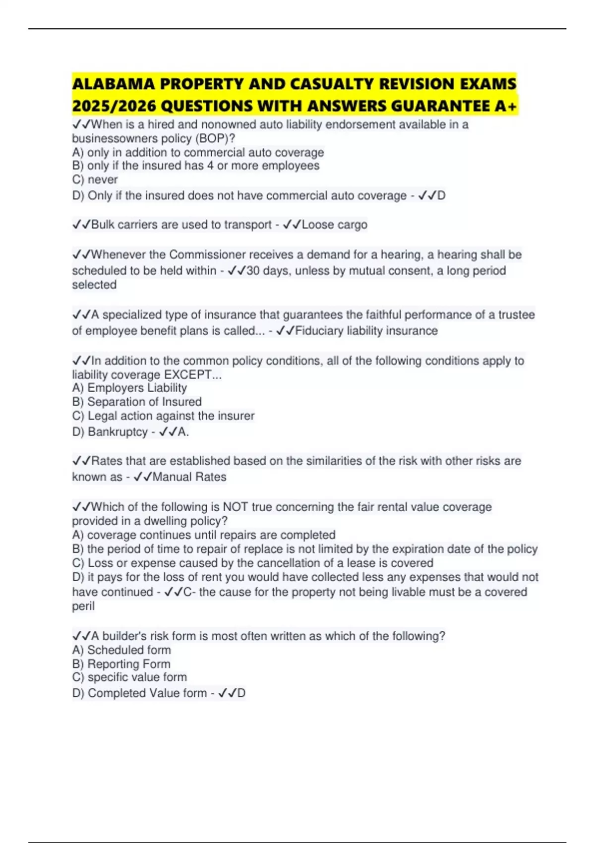 ALABAMA PROPERTY AND CASUALTY REVISION EXAMS 2025/2026 QUESTIONS WITH ...