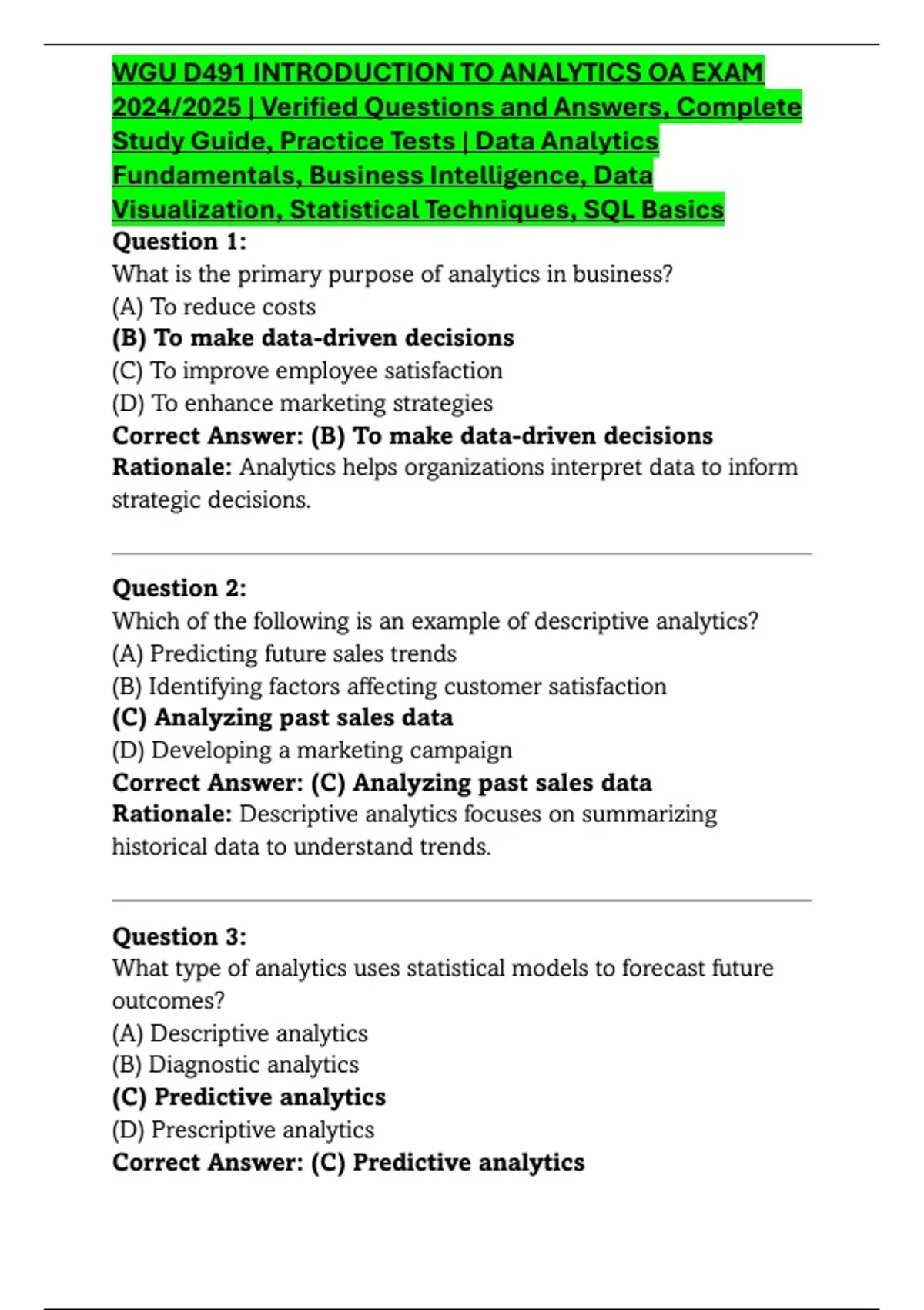 WGU D491 INTRODUCTION TO ANALYTICS OA EXAM 2024/2025 | Verified ...