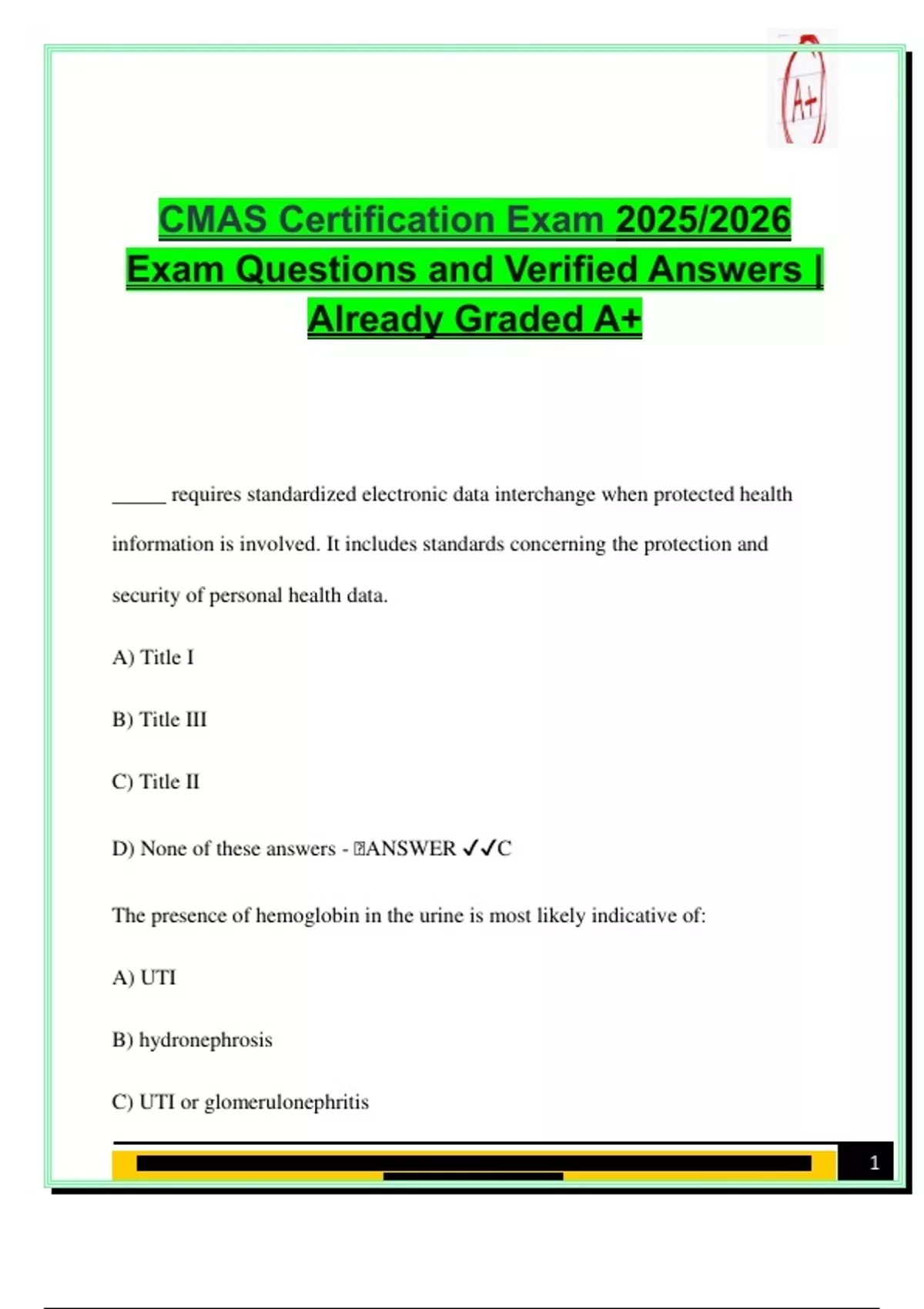 CMAS Certification Exam (2025/2026) Fully Solved A+ Guide on HIPAA