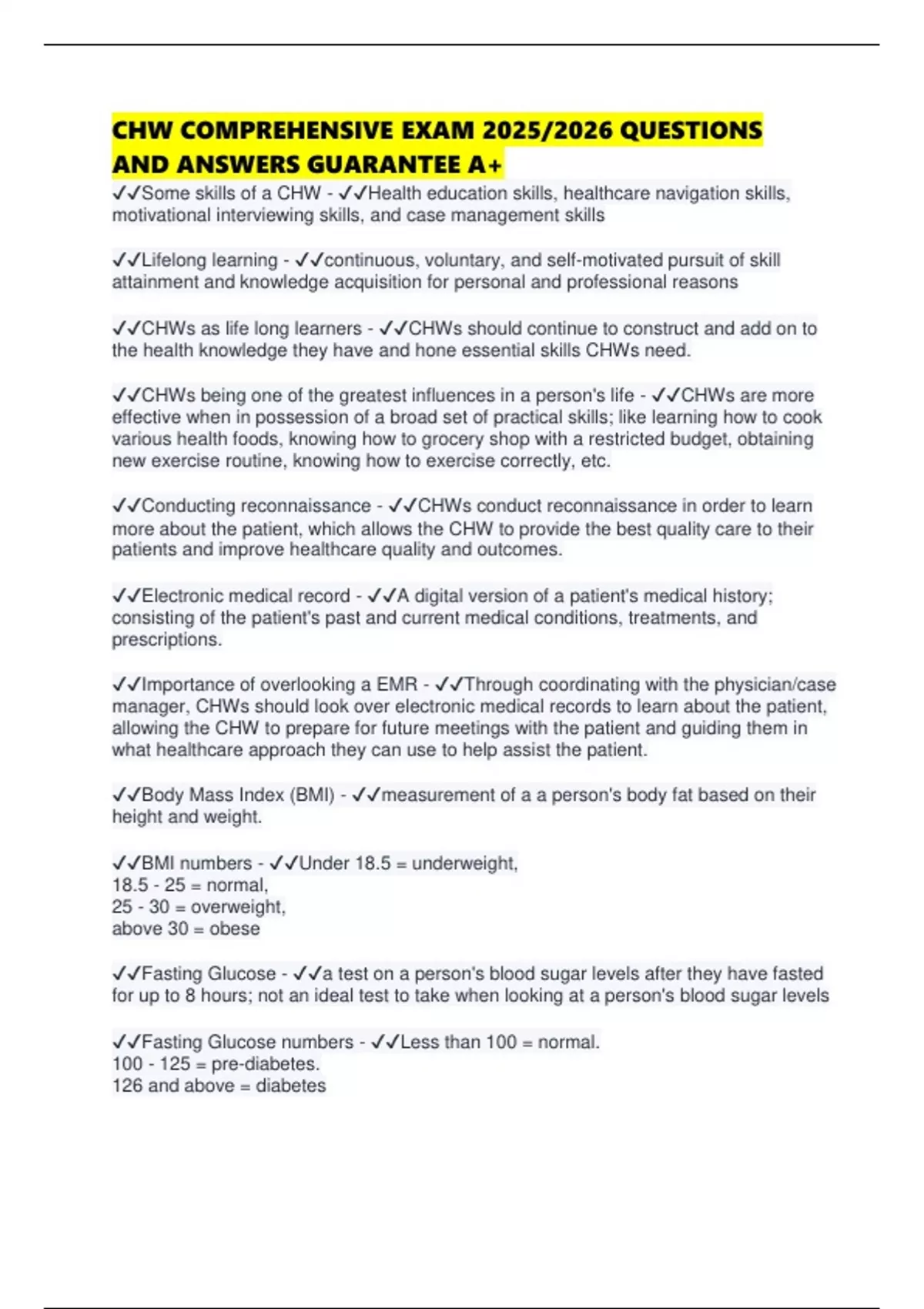 CHW COMPREHENSIVE EXAM 2025/2026 QUESTIONS AND ANSWERS GUARANTEE A+ ...