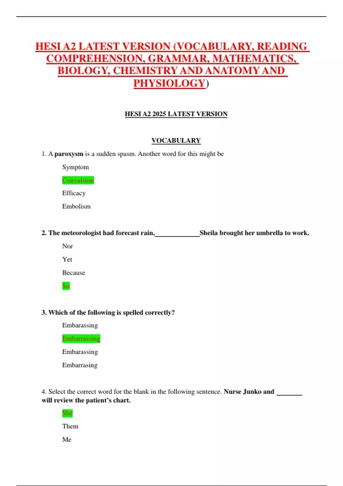 HESI A2 2020 Exam – Full Practice Test with Answers and Explanations ...