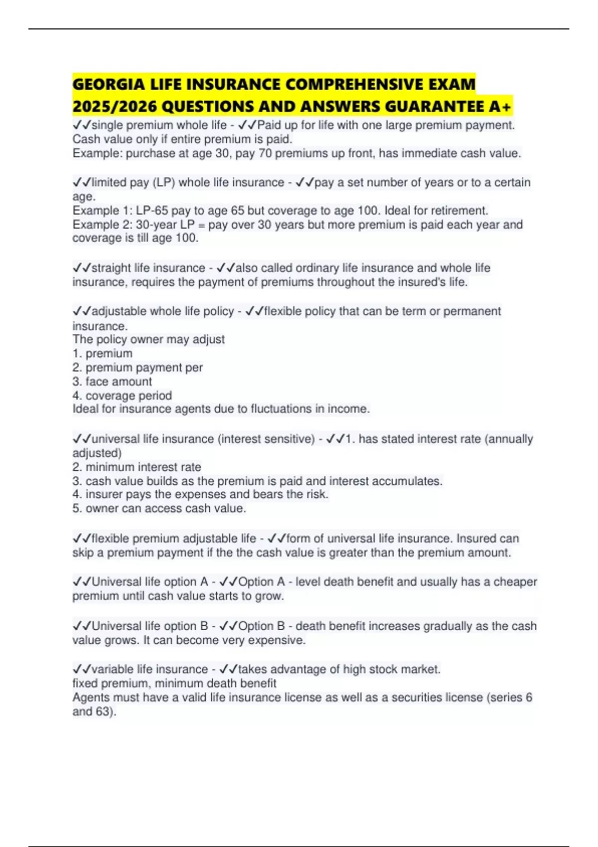 GEORGIA LIFE INSURANCE COMPREHENSIVE EXAM 2025/2026 QUESTIONS AND ANSWERS GUARANTEE A+ - GEORGIA ...