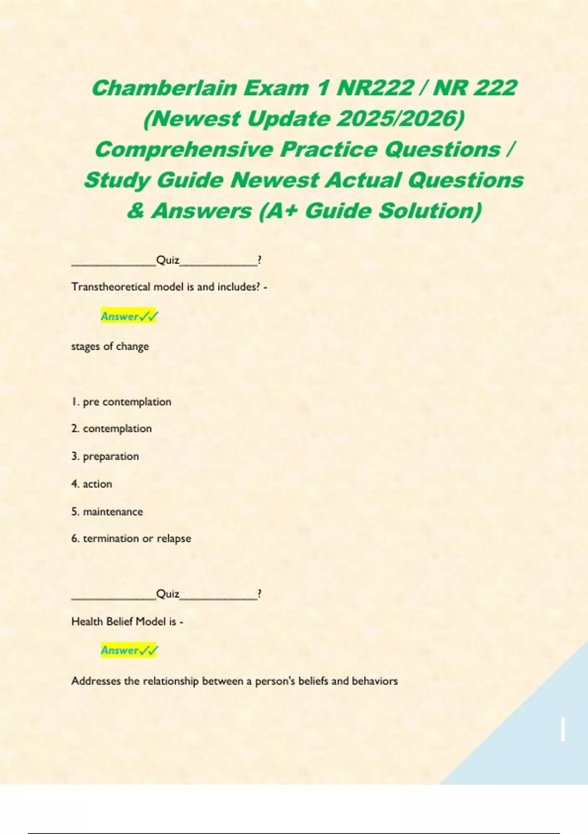 Chamberlain Exam 1 NR222 / NR 222 (Newest Update 2025/2026 ...