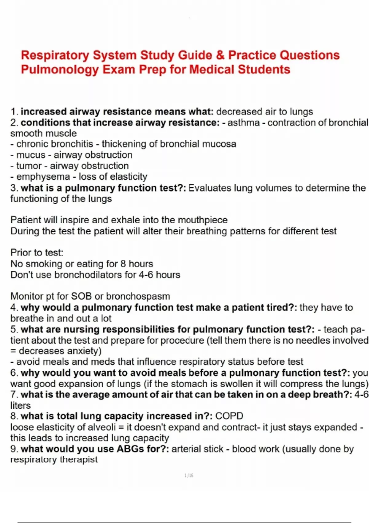 Respiratory System Study Guide & Practice Questions Pulmonology Exam ...