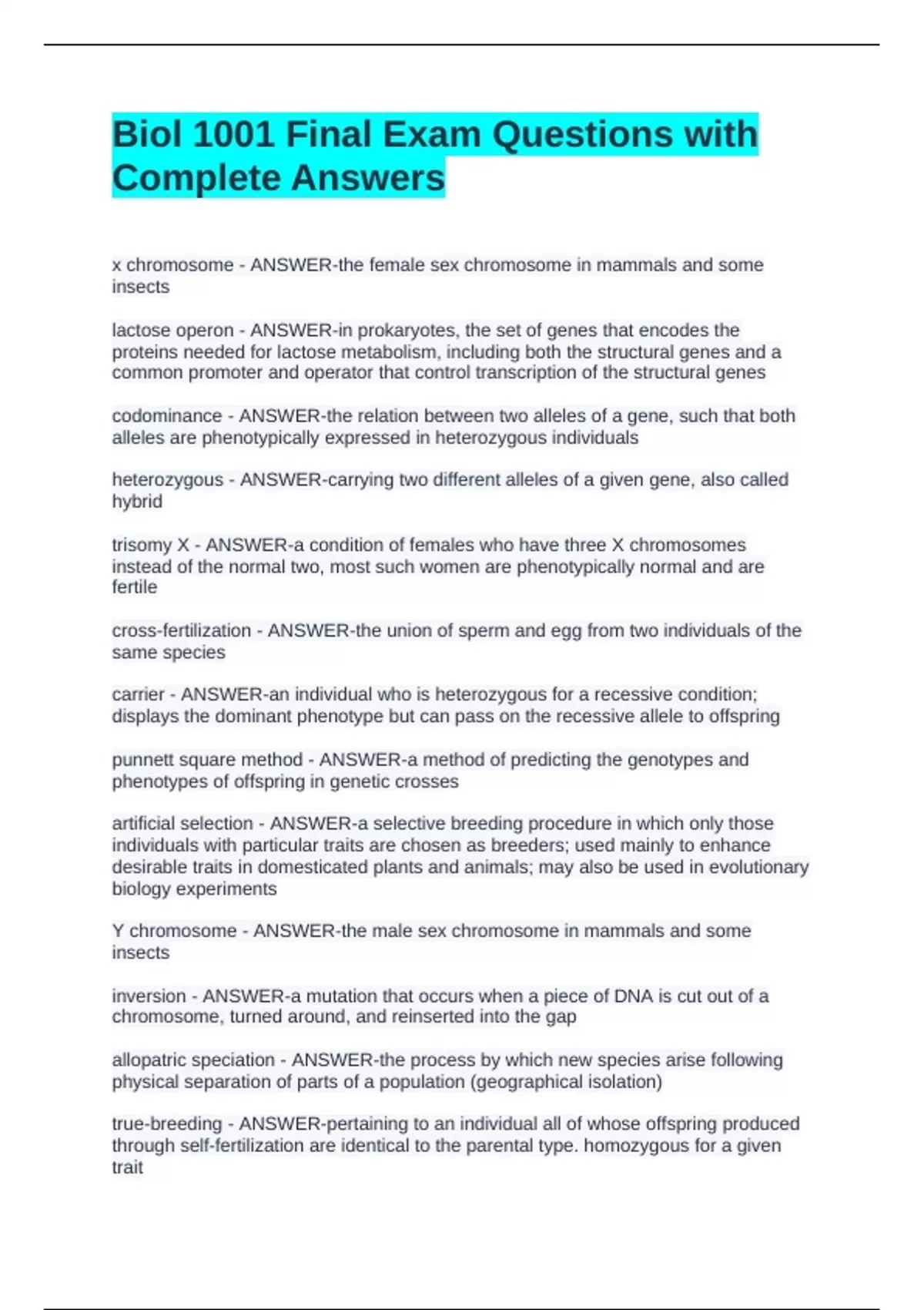 Biol 1001 Final Exam Questions with Complete Answers - Biology 1001 ...