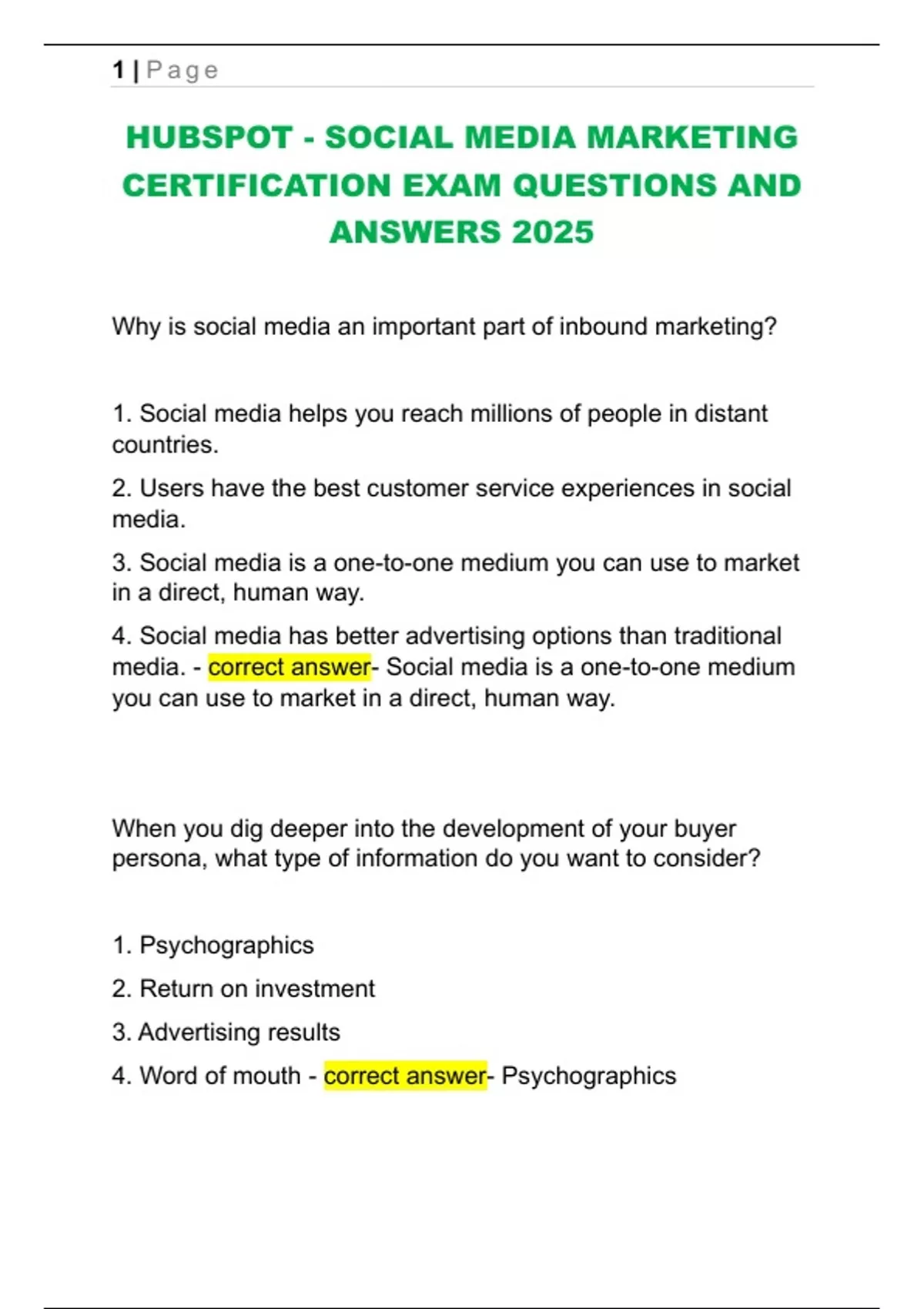 HUBSPOT - SOCIAL MEDIA MARKETING CERTIFICATION EXAM QUESTIONS AND ...