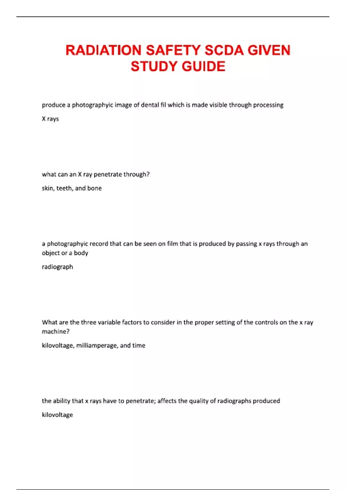 Scda Eng RADIATION SAFETY SCDA GIVEN STUDY GUIDE With Complete Questions and ...