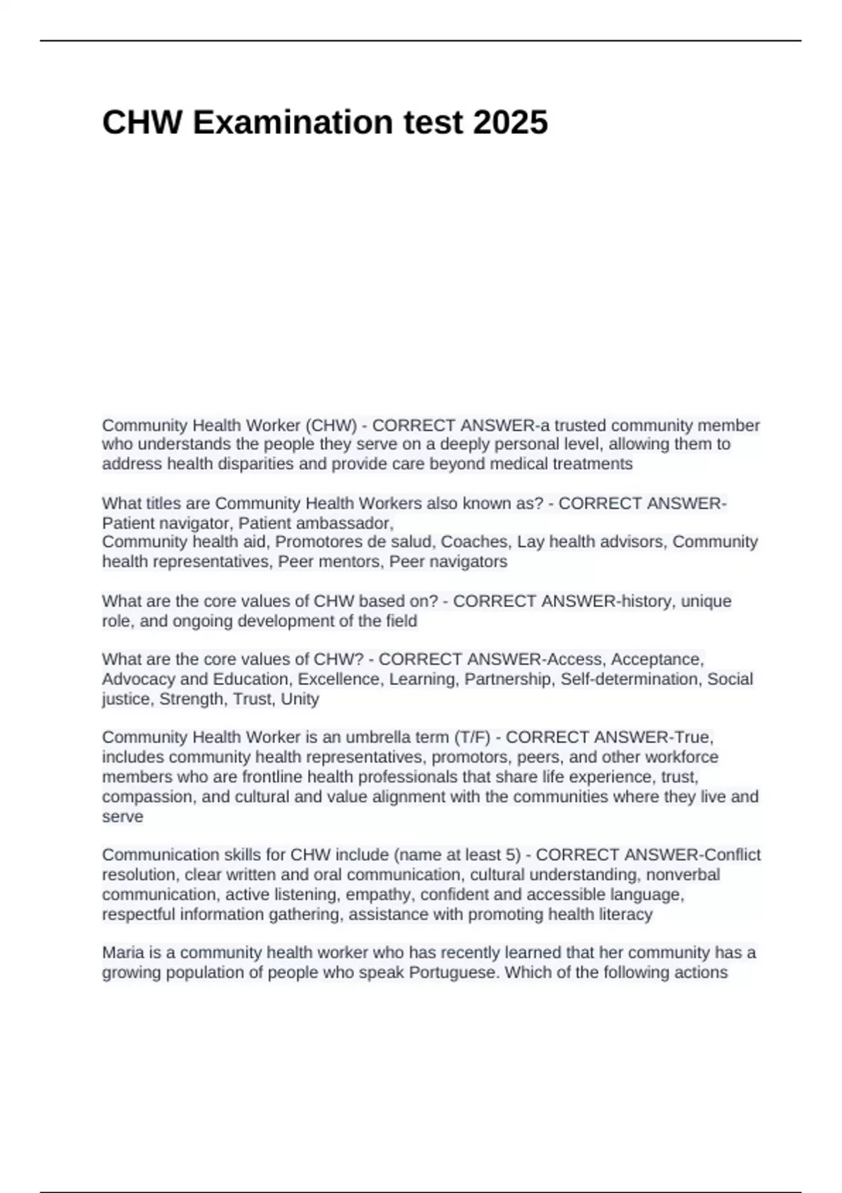 Chw Notes CHW Examination test 2025 - CHW - Stuvia US