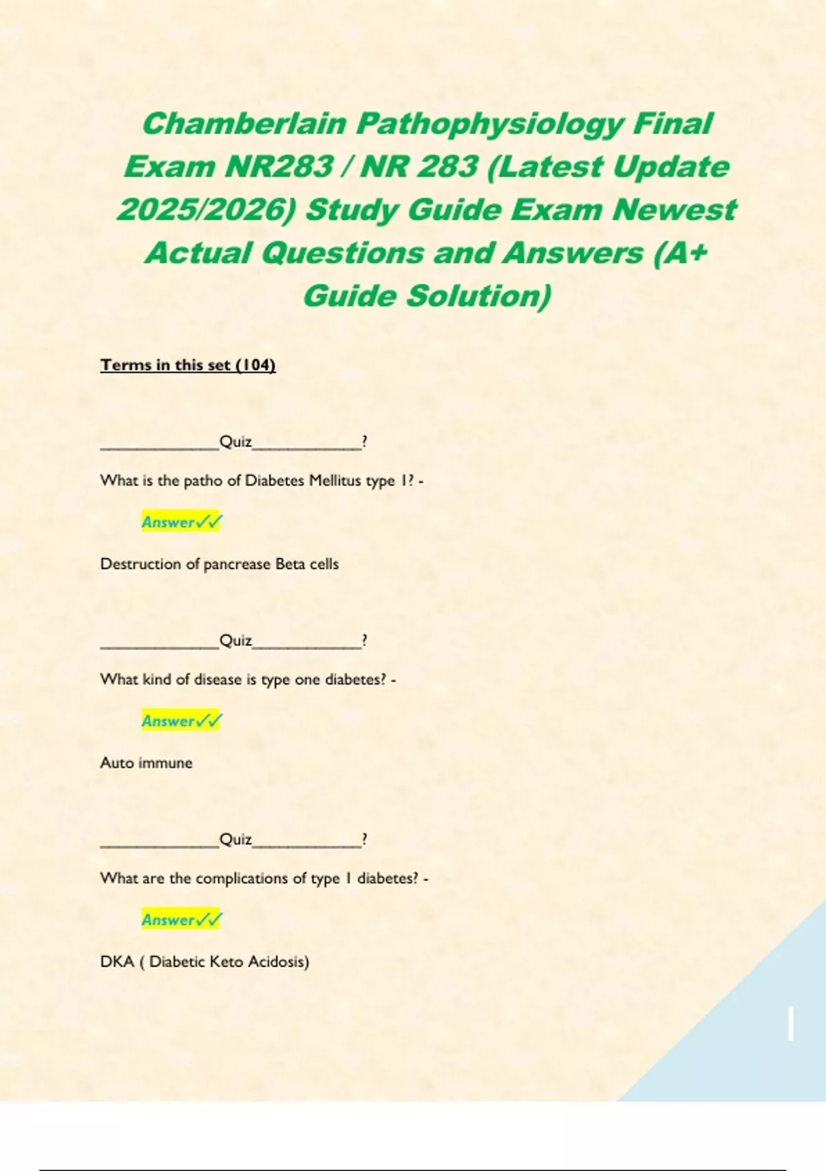 Chamberlain Pathophysiology Final Exam NR283 / NR 283 (Latest Update ...